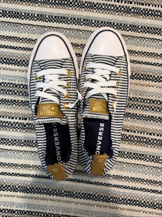 Converse Shoes - Converse Black & White Striped Low Top Sneakers with Gold Accents